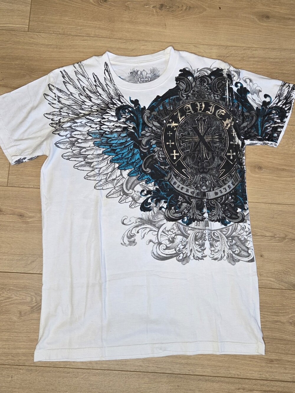 Xzavier Graphic Wing Cross T-Shirt White Blue Black Y2K Tattoo Biker Grunge